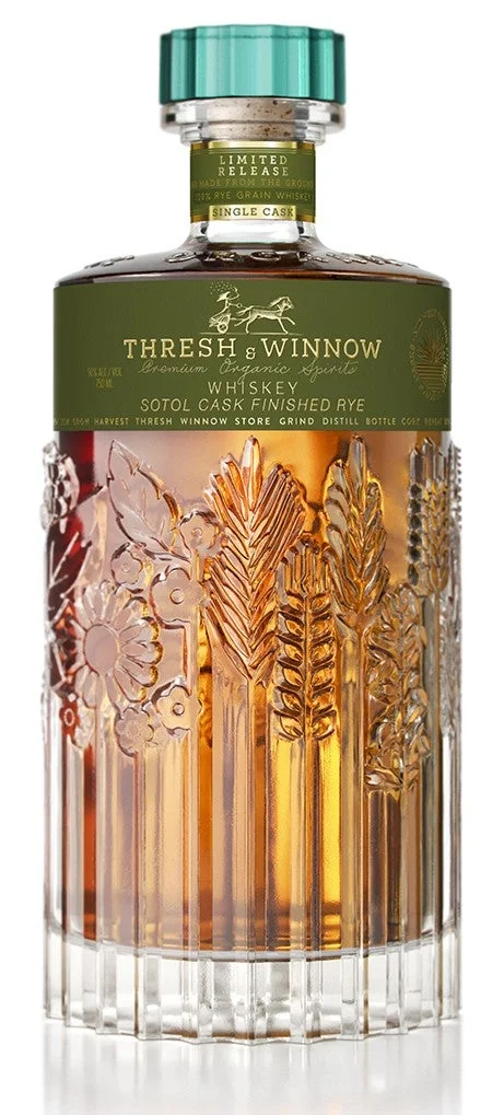Bottle of Thresh & Winnow Sotol Cask Finished Rye, a 100 proof organic rye whiskey finished in Desert Door Sotol casks, single cask limited release from KOVAL Chicago.